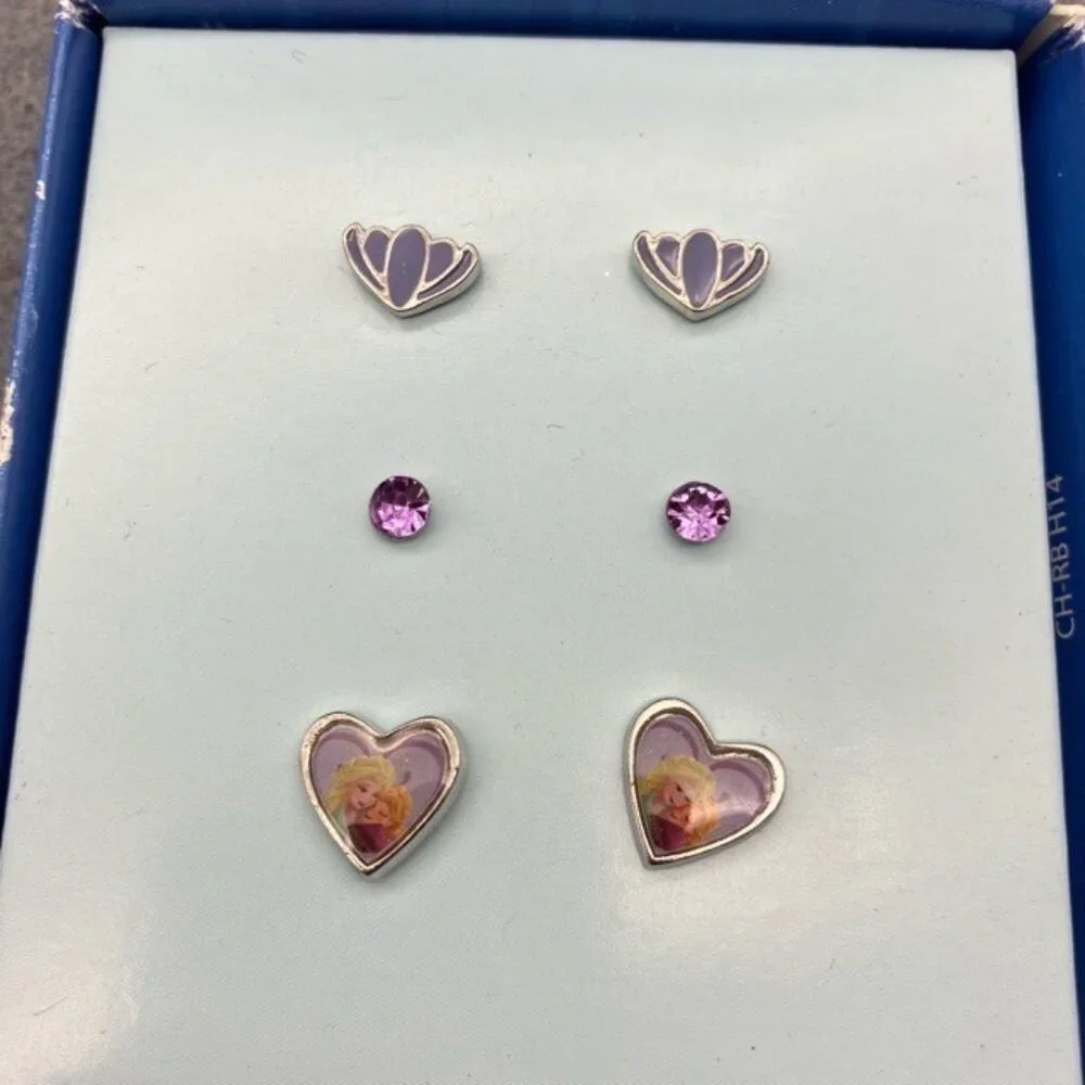 Disney Frozen Stud Earring Set Box 3 Pair Heart Crown Gem Kids Pink Purple Glam